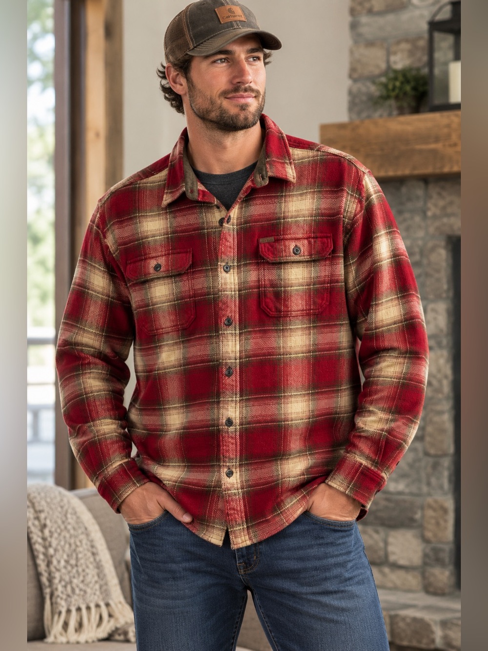 ORVIS Plaid Flannel Shirt Jacket XXL | 100% Cotton | Red/Cream | Heavyweight